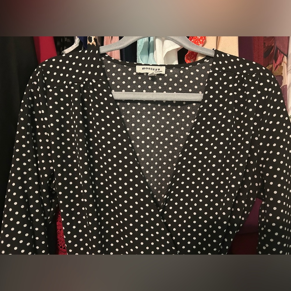 Monteau Black & White Polka Dot Wrap Top - Picture 3 of 12